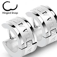 Pair of Thick Stainless Steel Roman Numerals Earrings Hinged Hoops