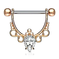 Rose Gold IP Surgical Steel with White Pear CZ Dangle Nipple Ring Barbell