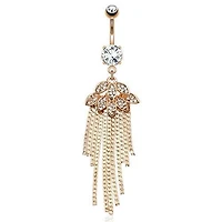 Rose Gold Plated Gem Leaves and Tassels Belly Button Navel Ring