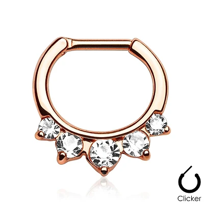 Rose Gold Plated Prong Set 5 Gem White Clear CZ 316L Surgical Steel Bar Septum Ring Clicker