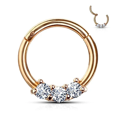 Rose Gold Plated Surgical Steel 3 Gem White CZ Hinged Septum Ring Clicker