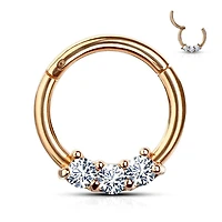 Rose Gold Plated Surgical Steel 3 Gem White CZ Hinged Septum Ring Clicker