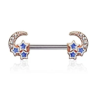 Rose Gold Plated Surgical Steel Crescent Moon & Blue Stars Nipple Ring Barbell