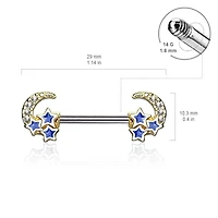 Rose Gold Plated Surgical Steel Crescent Moon & Blue Stars Nipple Ring Barbell