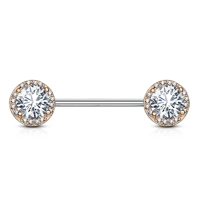 Rose Gold Plated Surgical Steel CZ Centre Pave Nipple Ring Barbell