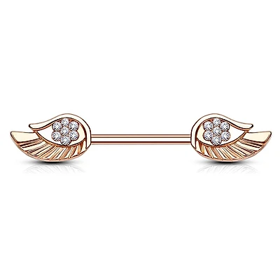 Rose Gold Plated Surgical Steel CZ Paved Angel Wing Nipple Ring