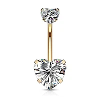 Rose Gold Plated Surgical Steel Double Heart White CZ Gem Belly Button Ring