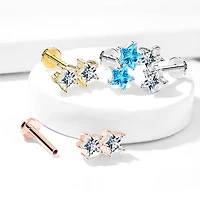 Rose Gold Plated Surgical Steel Double Star White CZ Internally Threaded Flat Back Labret