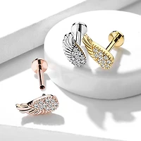 Rose Gold Plated Surgical Steel Internally Threaded Flat Back White CZ Wing Labret