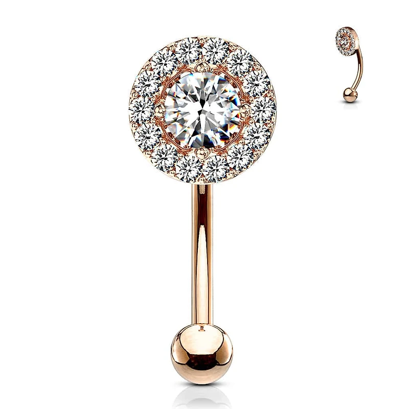 Rose Gold Plated Surgical Steel White CZ Gem Cluster Curved Barbell