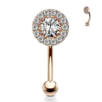 Rose Gold Plated Surgical Steel White CZ Gem Cluster Curved Barbell