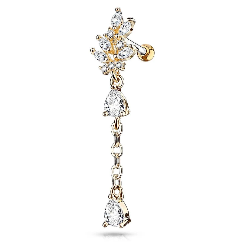 Rose Gold Plated Surgical Steel White CZ Leaf Dangling Teardrop Cartilage Ring