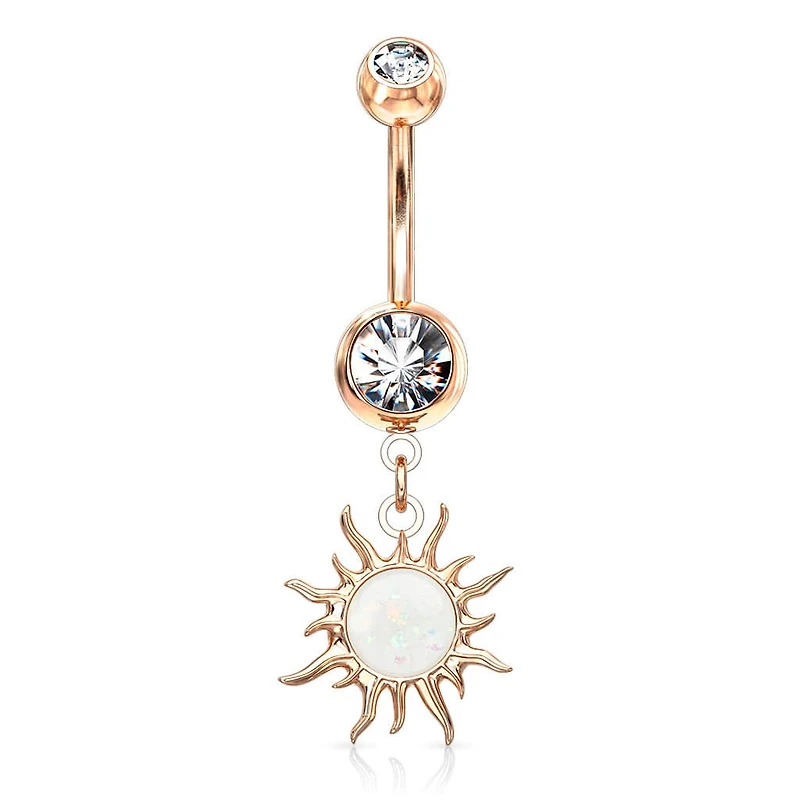 Rose Gold Plated Surgical Steel White Glitter Opal Tribal Sun Belly Button Ring