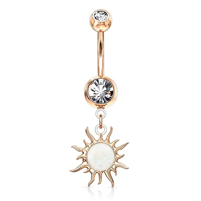 Rose Gold Plated Surgical Steel White Glitter Opal Tribal Sun Belly Button Ring