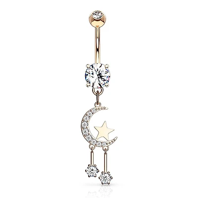 Rose Gold Surgical Steel Crescent Moon & Star Dangle Belly Button Ring