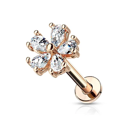 Rose Gold Surgical Steel Internally Threaded White Flower CZ Flat Back Labret