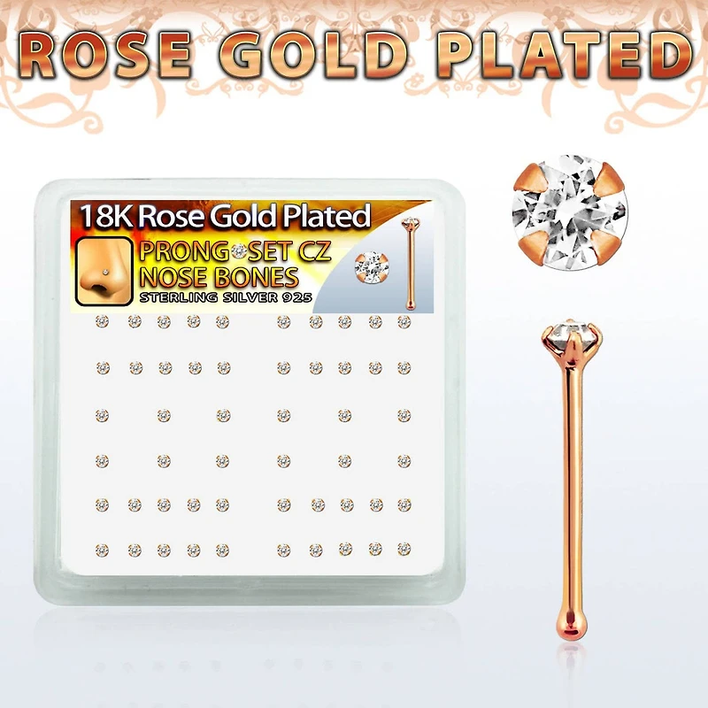 Sterling Silver 18kt Rose Gold Plated 1.5mm Crystal Ball End Nose Pin Bone Ring Stud
