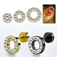 Surgical Steel Anodized CZ Paved Screw Back Fake Plug Tunnel Earrings