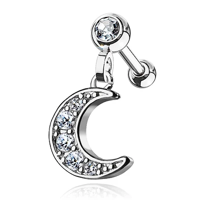 Surgical Steel Ball Back Crescent Moon White CZ Dangle Cartilage Ring