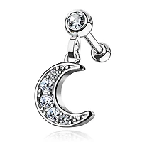 Surgical Steel Ball Back Crescent Moon White CZ Dangle Cartilage Ring
