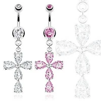 Surgical Steel Belly Button Navel Ring Bar with Dangling CZ Tear drop Religious Cross