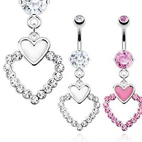 Surgical Steel Belly Button Navel Ring Bar with Dangling Heart Epoxy CZ Gem Rim