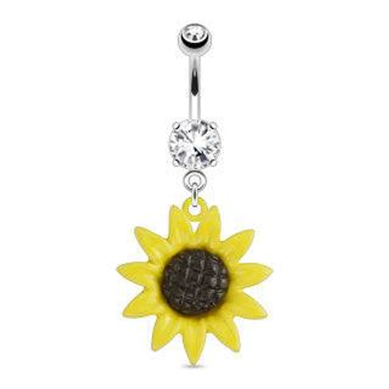 Surgical Steel Belly Button Navel Ring Bar with Dangling Sunflower