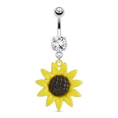 Surgical Steel Belly Button Navel Ring Bar with Dangling Sunflower