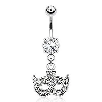 Surgical Steel Belly Button Navel Ring Bar with Dangling White CZ Drama Theater Masquerade Ball Mask