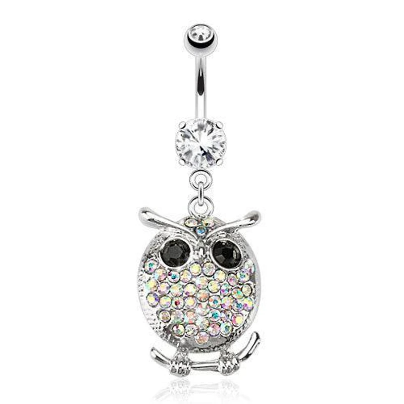Surgical Steel Belly Button Navel Ring with CZ Gem AB Chubby Owl Dangle