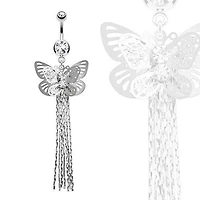 Surgical Steel Belly Button Navel Ring with Layered Butterfly with Tassels Dangle