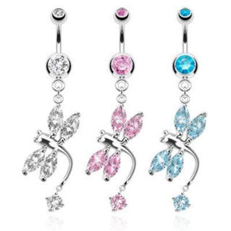 Surgical Steel Belly Button Prong Set CZ Gem Dangling Dragon Fly Ring