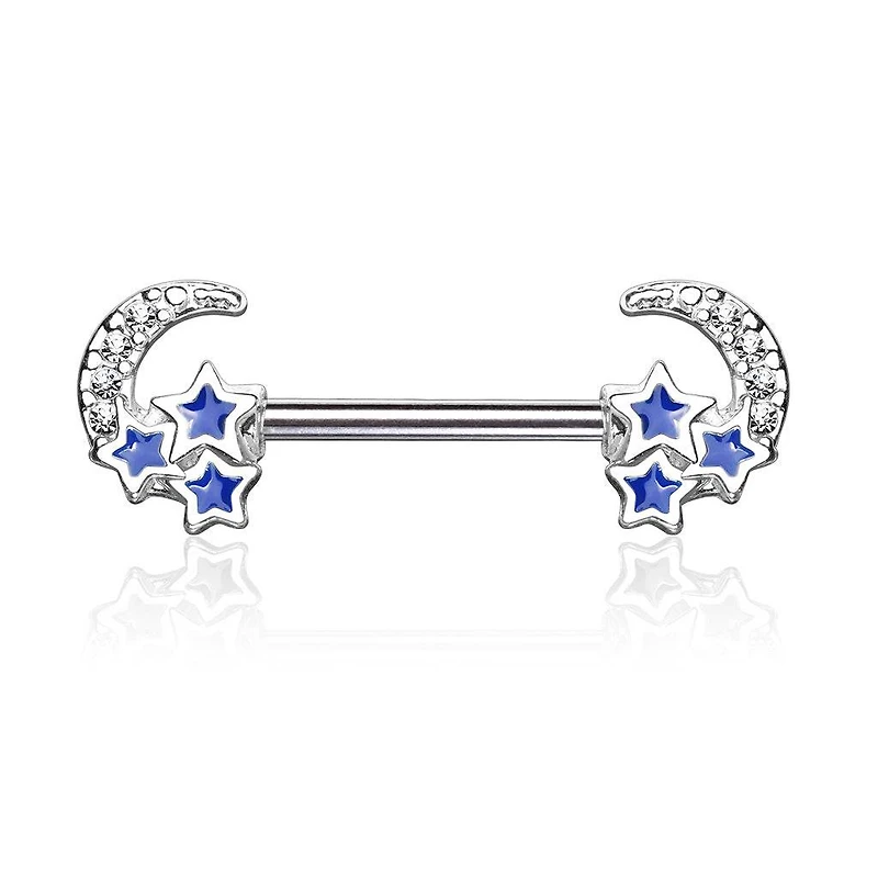 Surgical Steel Crescent Moon & Blue Stars Nipple Ring Barbell