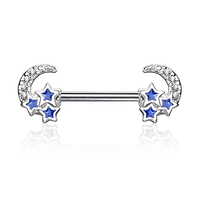 Surgical Steel Crescent Moon & Blue Stars Nipple Ring Barbell