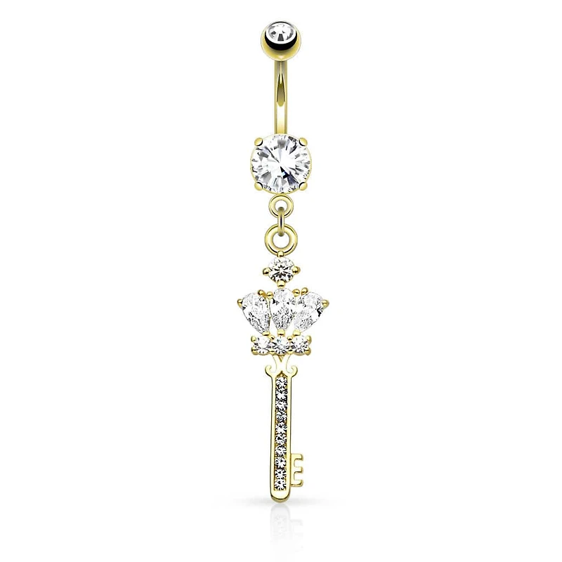 Surgical Steel CZ Crown and Key Dangling Belly Button Navel Ring