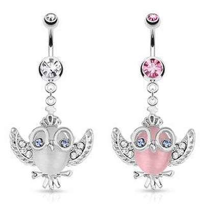 Surgical Steel CZ Gem Flying Owl Belly Button Navel Ring