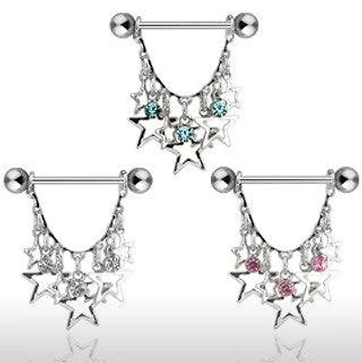 Surgical Steel Dangling CZ Gems and Stars Nipple Ring Shield Barbell