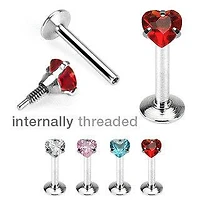 Surgical Steel Flat Back White CZ Heart Prong Gem Internally Threaded Labret Monroe Cartilage Stud