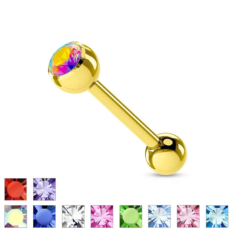 Surgical Steel Gold IP CZ Gem Straight Barbell Tongue Ring