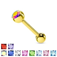 Surgical Steel Gold IP CZ Gem Straight Barbell Tongue Ring