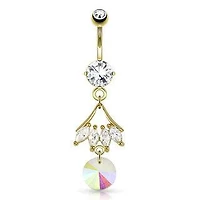 Surgical Steel Gold Plated Dangling CZ Leaf Prism Belly Button Navel Ring