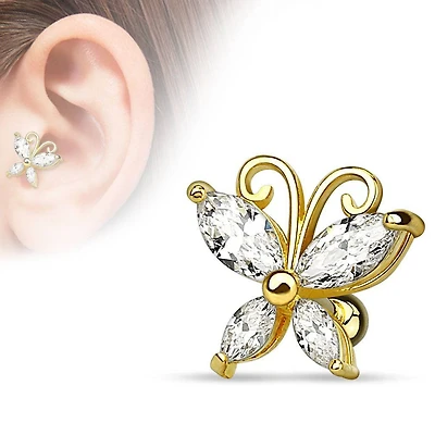 Surgical Steel Gold Plated White CZ Ball Back Ear Cartilage Helix Stud