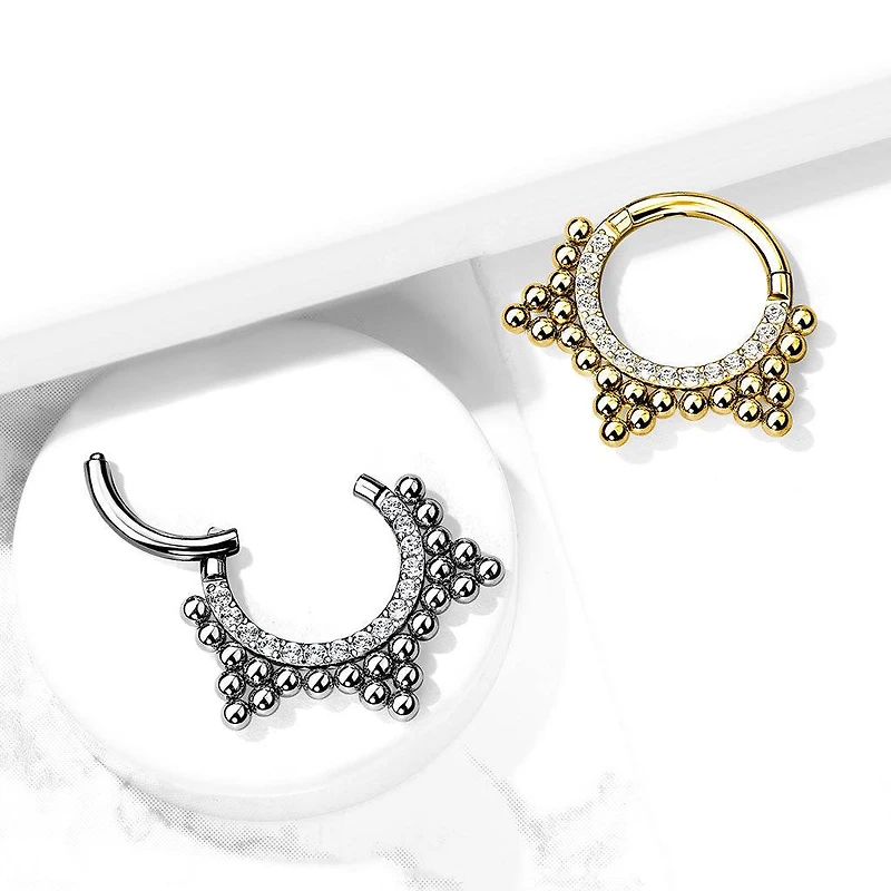 Surgical Steel Gold PVD Beaded Tribal Hinged Septum Ring Hoop Clicker
