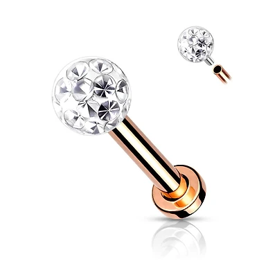 Surgical Steel Internally Threaded Rose Gold PVD White CZ Epoxy Coated Shamballa Labret