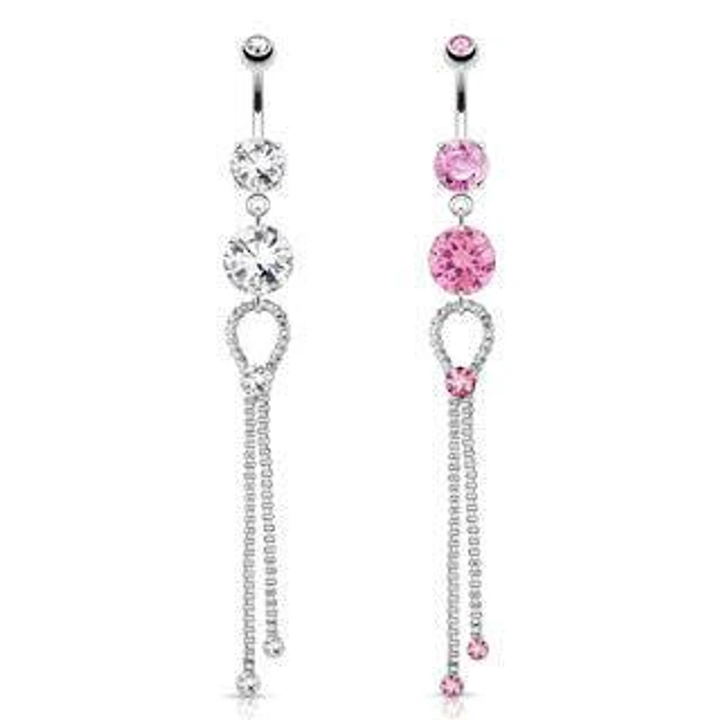 Surgical Steel Long Tie Chain with Floating Gem Belly Button Navel Ring
