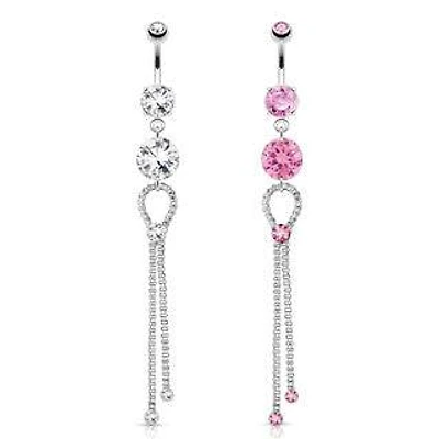 Surgical Steel Long Tie Chain with Floating Gem Belly Button Navel Ring