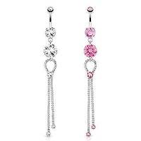Surgical Steel Long Tie Chain with Floating Gem Belly Button Navel Ring