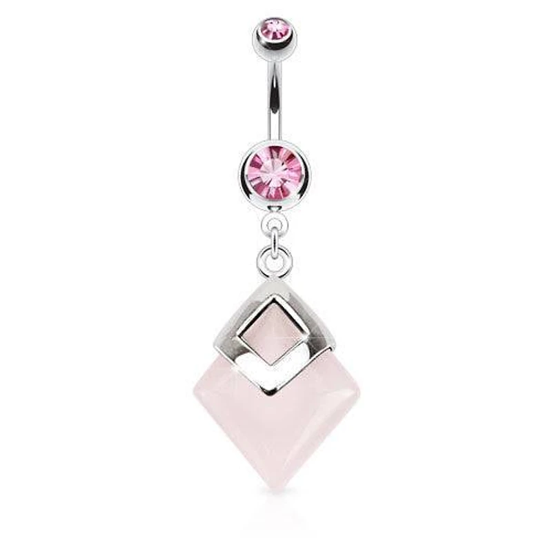 Surgical Steel Pink Rose Quartz Semi Precious Organic Stone Belly Button Navel Ring Dangle