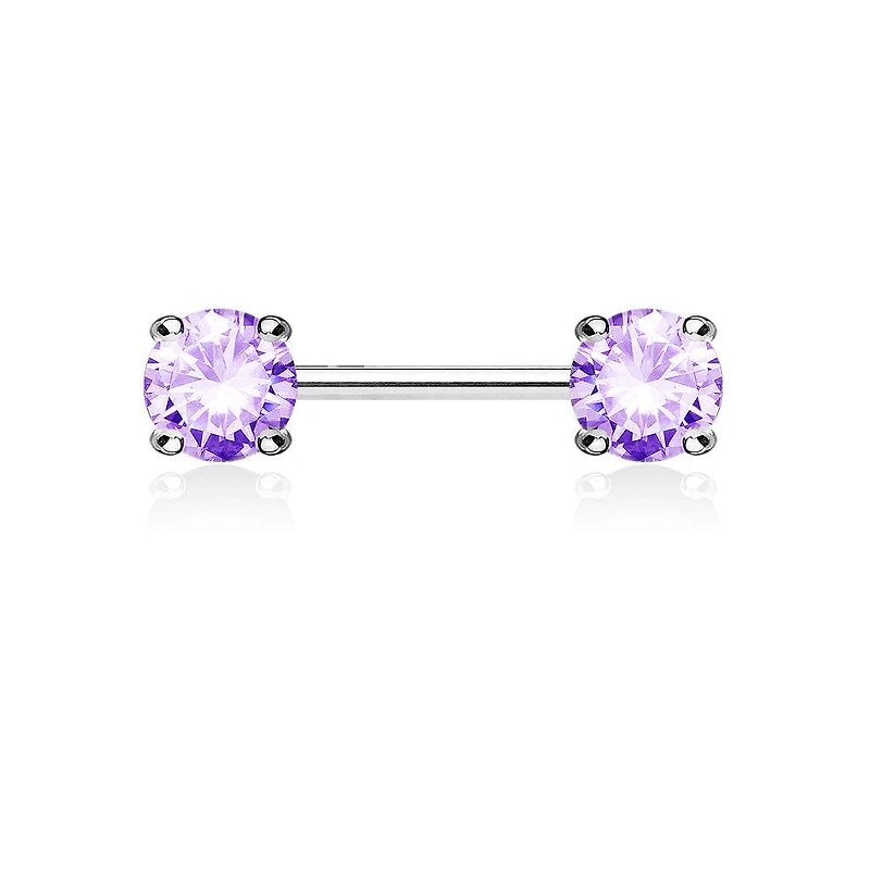 316L Surgical Steel Prong Double Round Purple CZ Nipple Ring Barbell
