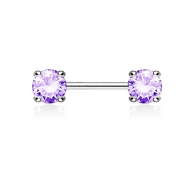 316L Surgical Steel Prong Double Round Purple CZ Nipple Ring Barbell
